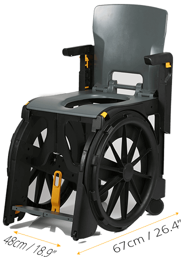 Wheelable wheelchair for showers and restrooms is very compact in size